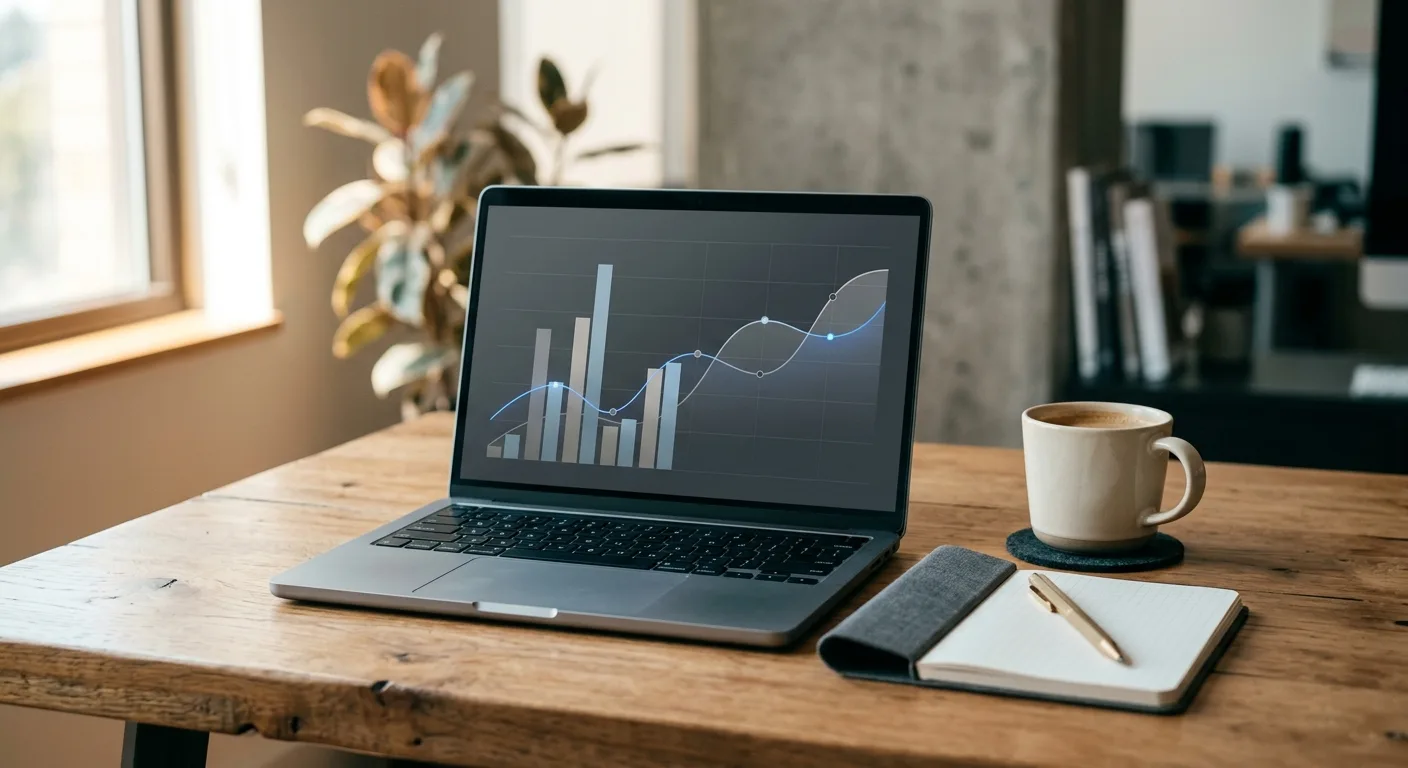 Laptop on a wooden desk showing an analytics dashboard