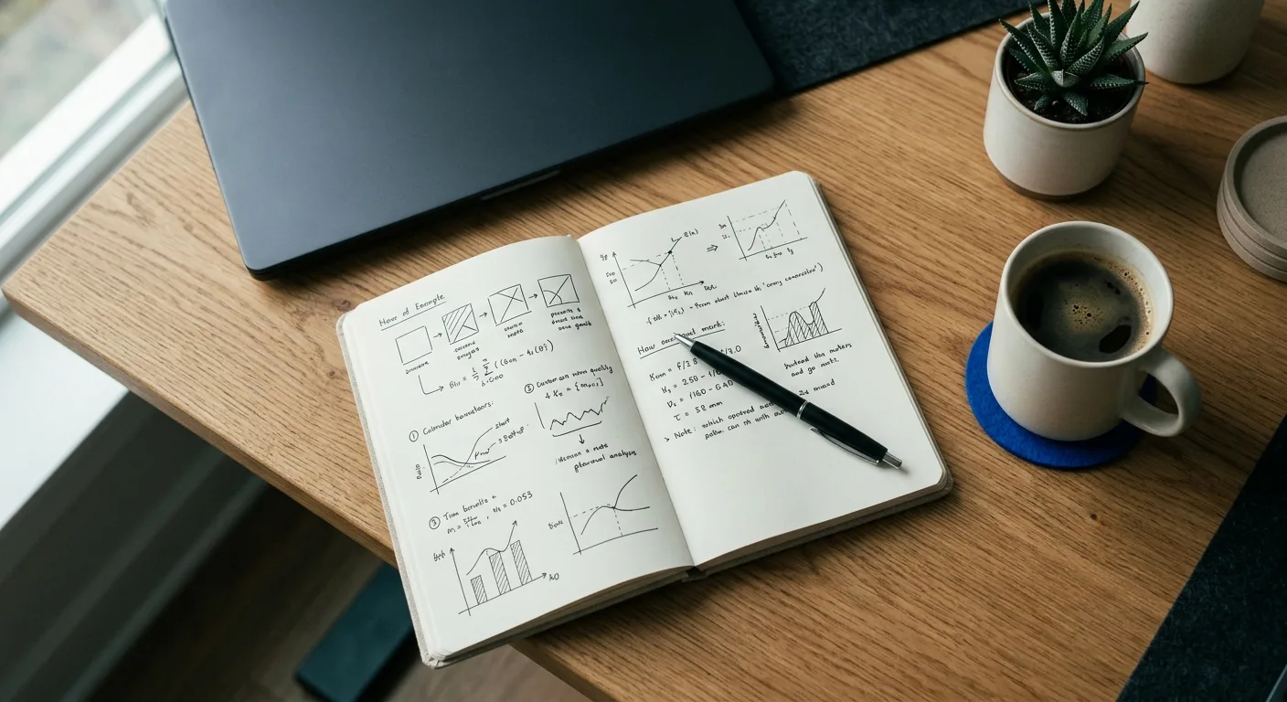 Overhead desk shot with notebook showing a marketing funnel diagram