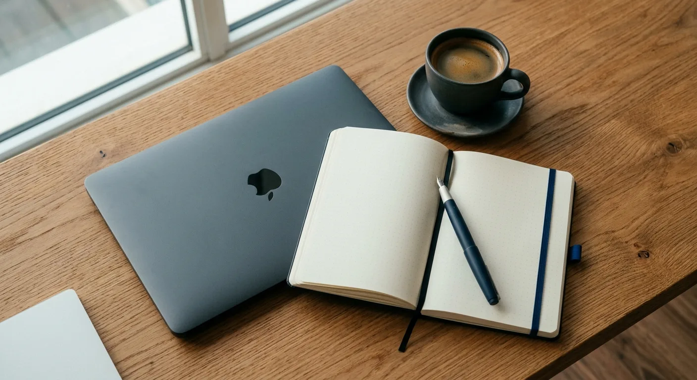 Overhead workspace flat-lay with laptop, notebook and coffee