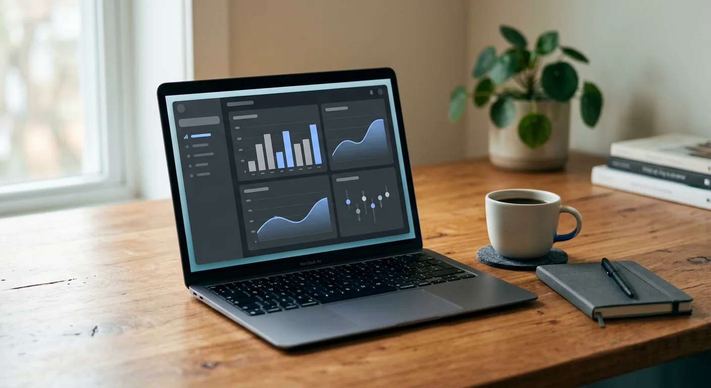 Laptop on a wooden desk showing an analytics dashboard