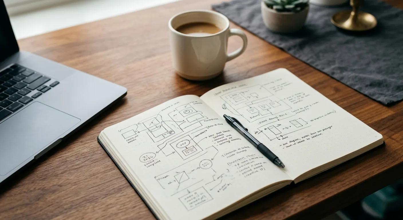 Overhead desk shot with notebook showing a marketing funnel diagram