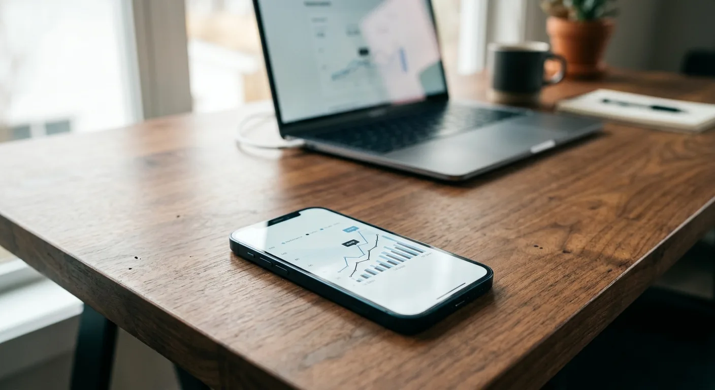 Phone showing a social media ads performance graph on a modern desk