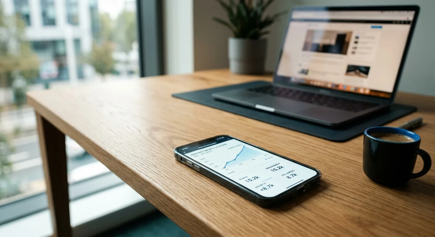 Phone showing a social media ads performance graph on a modern desk