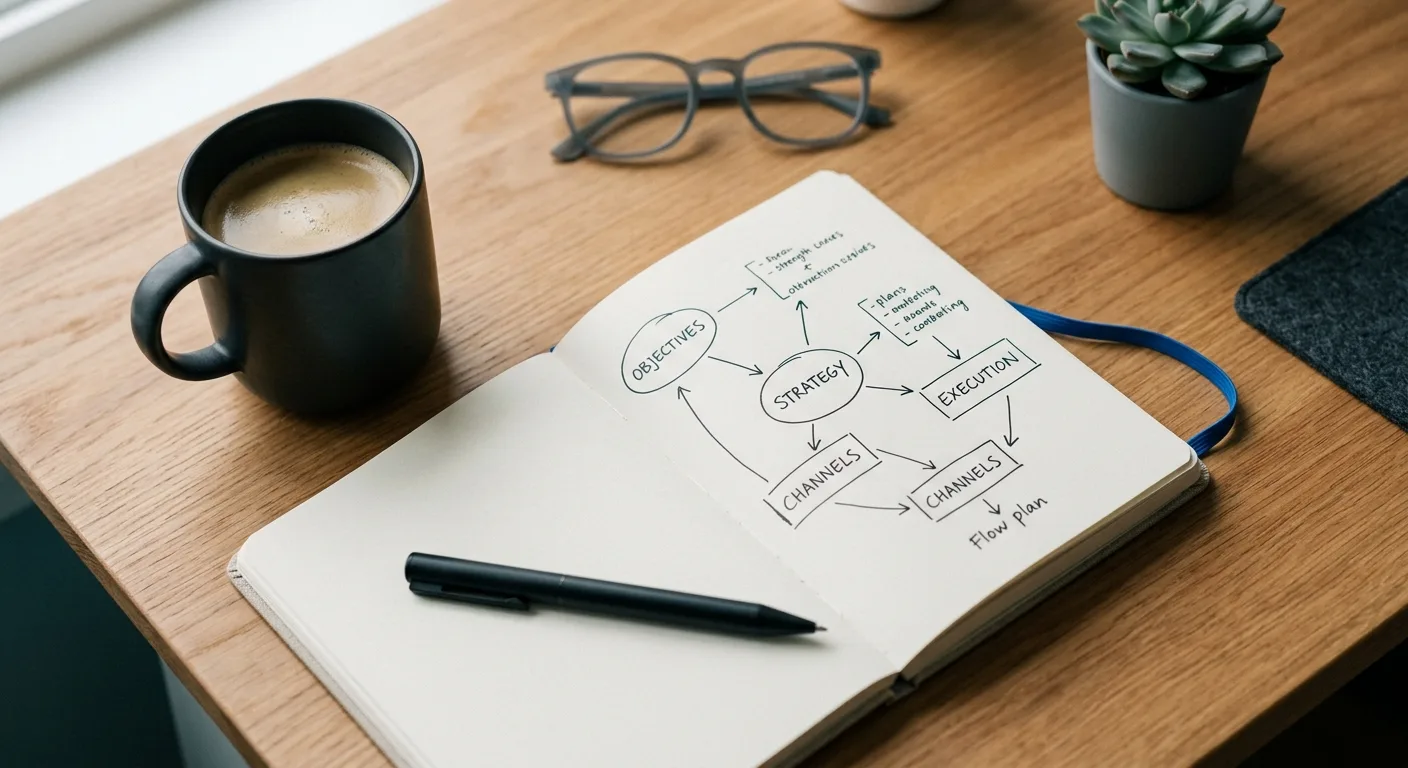 Overhead desk flat-lay with a strategy diagram in a notebook