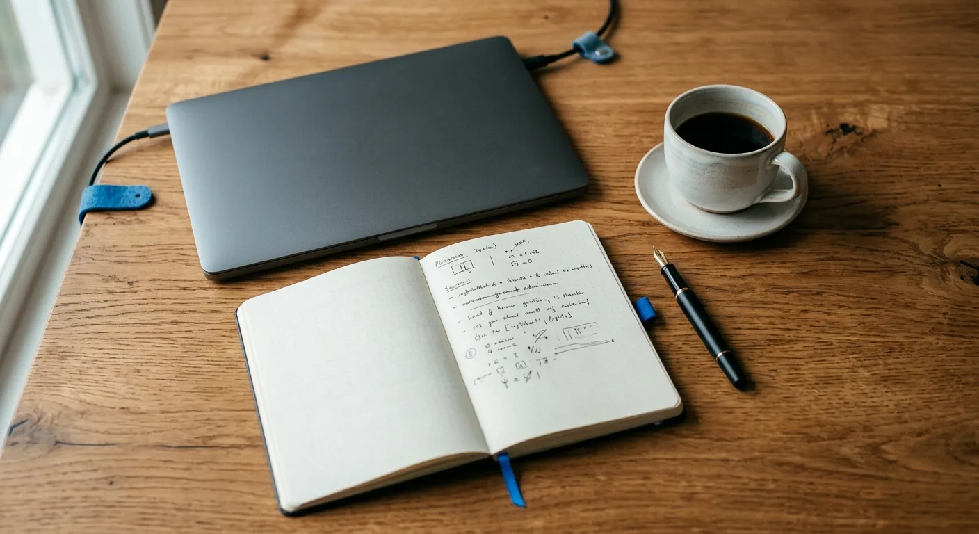 Overhead workspace flat-lay with laptop, notebook and coffee