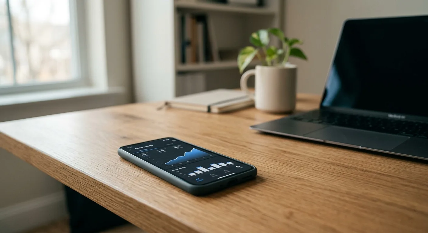 Phone showing a social media ads performance graph on a modern desk