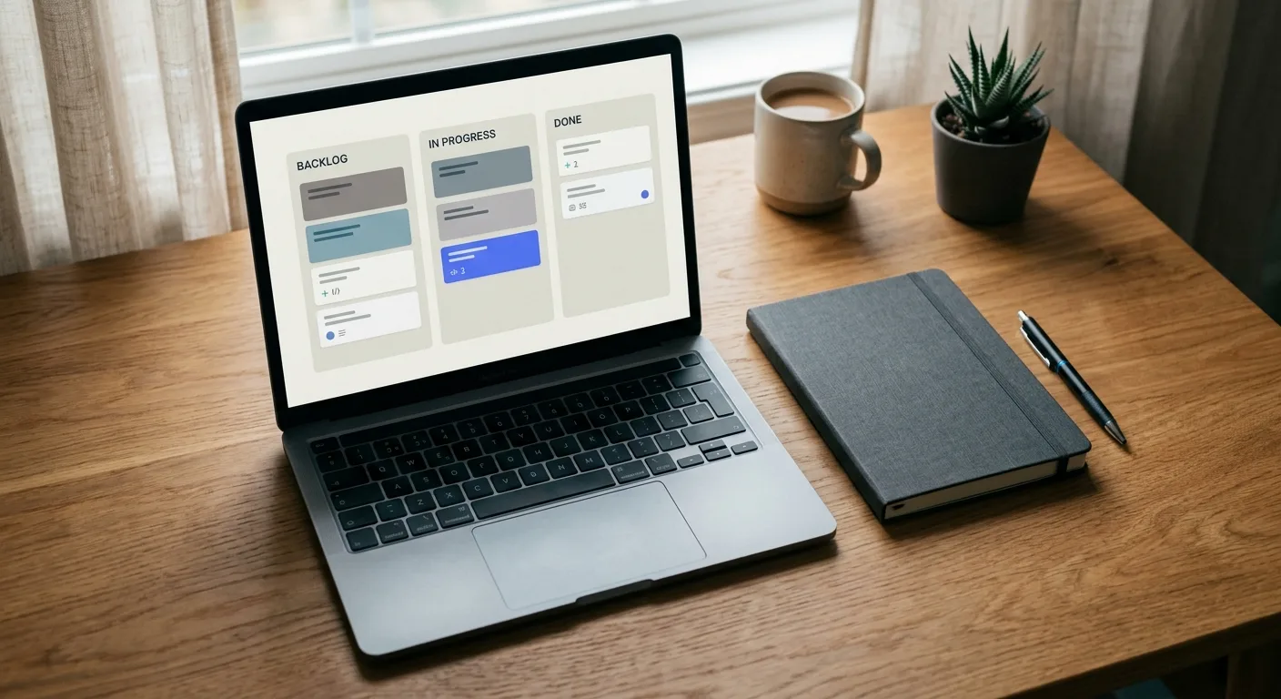 Overhead desk shot of a laptop with a workflow board on screen