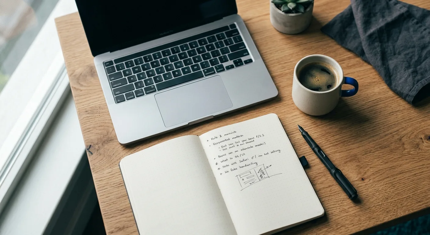 Overhead workspace flat-lay with laptop, notebook and coffee