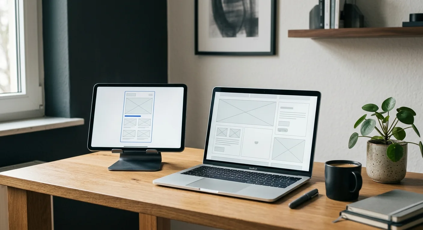 Tablet and laptop on a minimalist desk showing a website wireframe