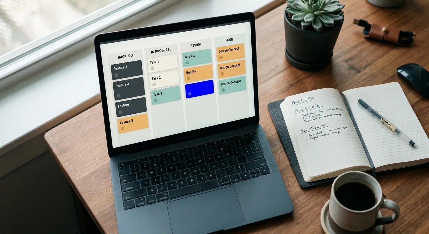 Overhead desk shot of a laptop with a workflow board on screen