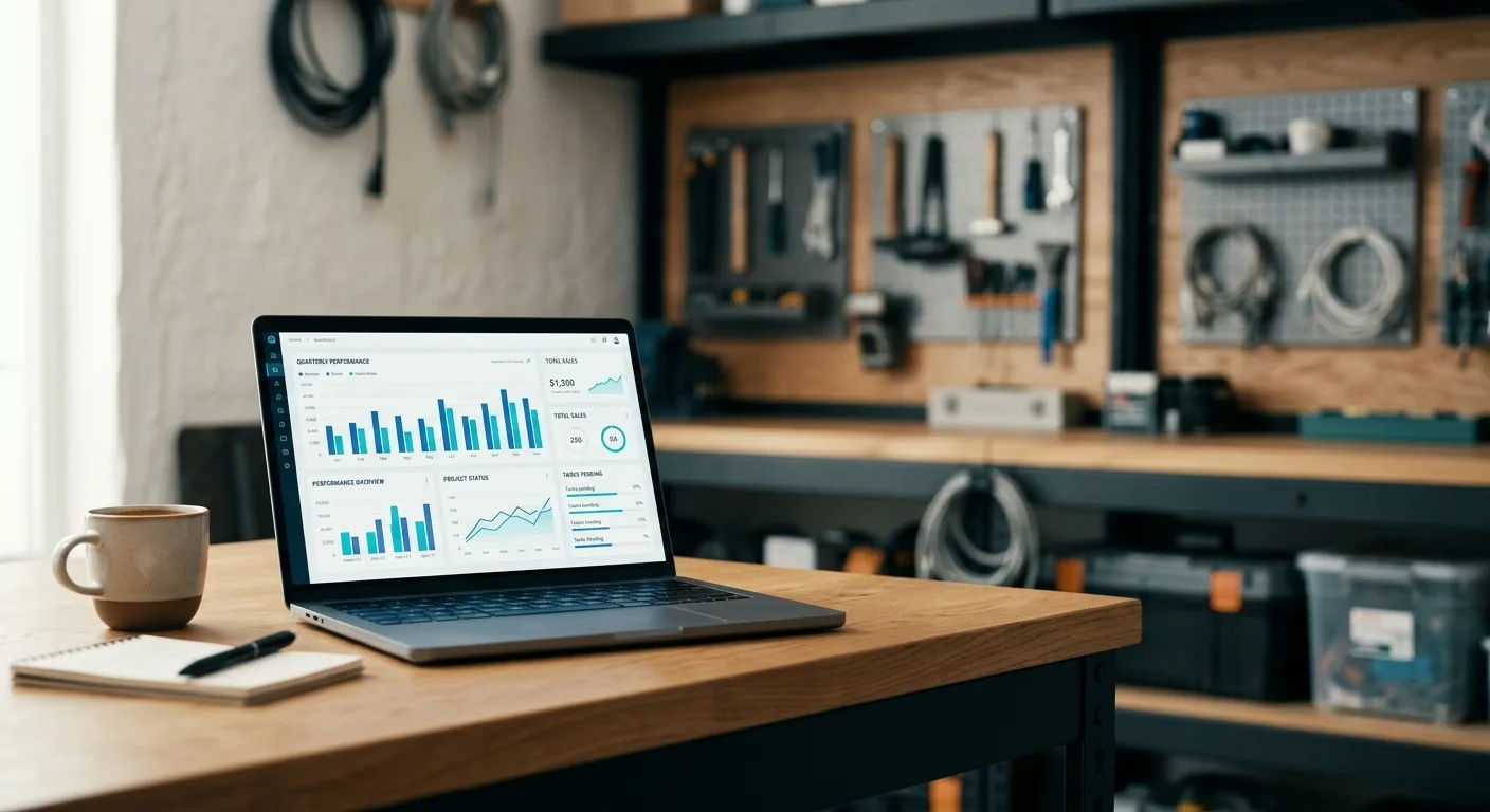 Laptop on a workshop bench showing a business dashboard