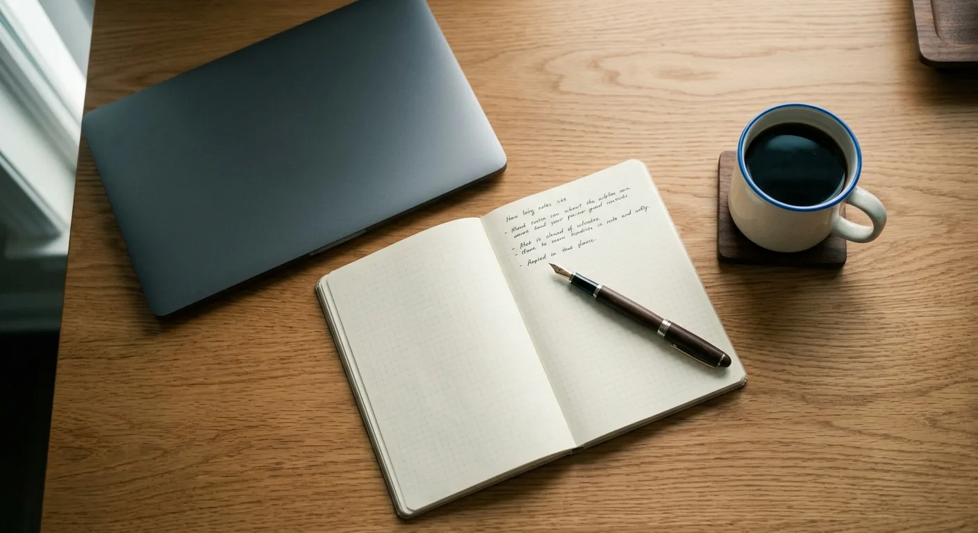 Overhead workspace flat-lay with laptop, notebook and coffee