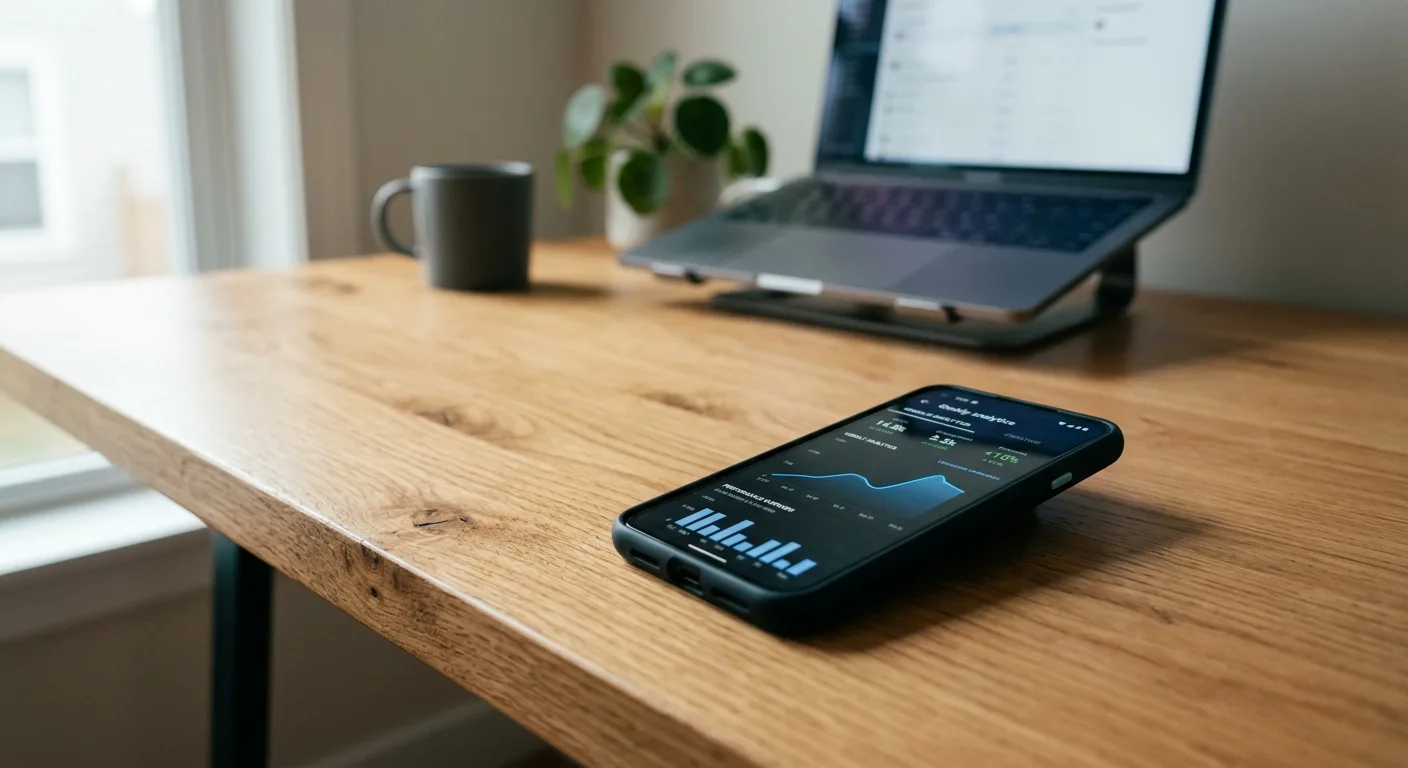 Phone showing a social media ads performance graph on a modern desk