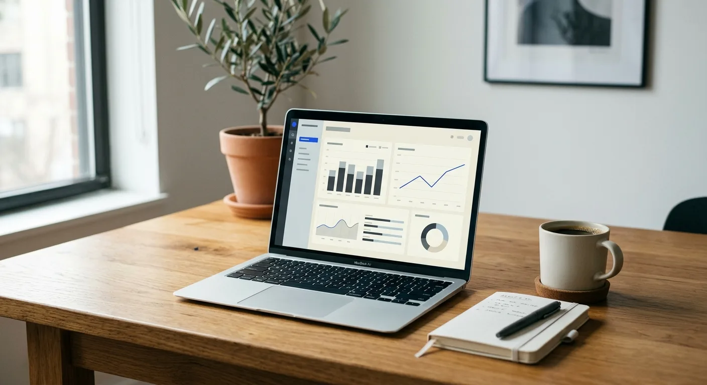 Laptop on a wooden desk showing an analytics dashboard