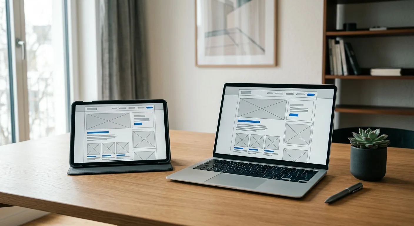 Tablet and laptop on a minimalist desk showing a website wireframe