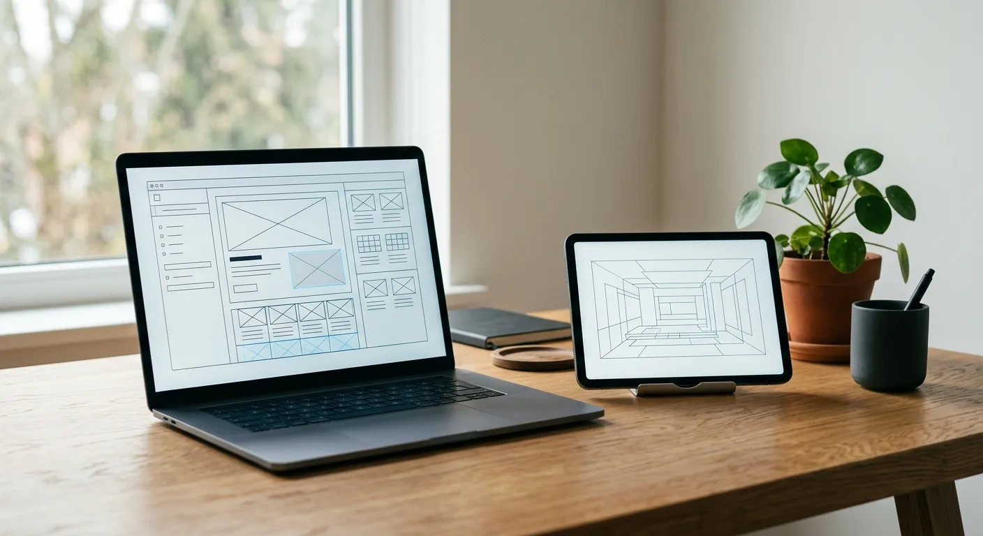Tablet and laptop on a minimalist desk showing a website wireframe