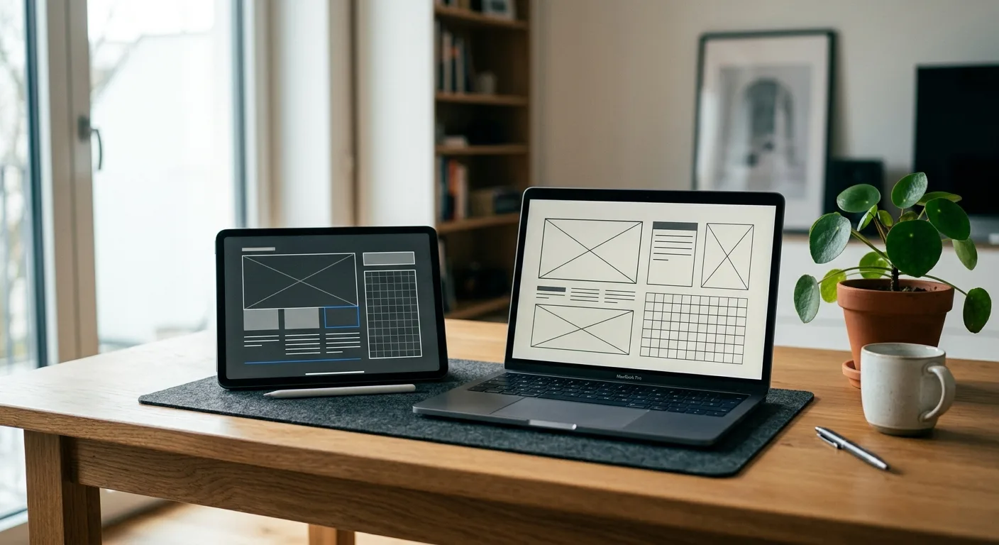Tablet and laptop on a minimalist desk showing a website wireframe