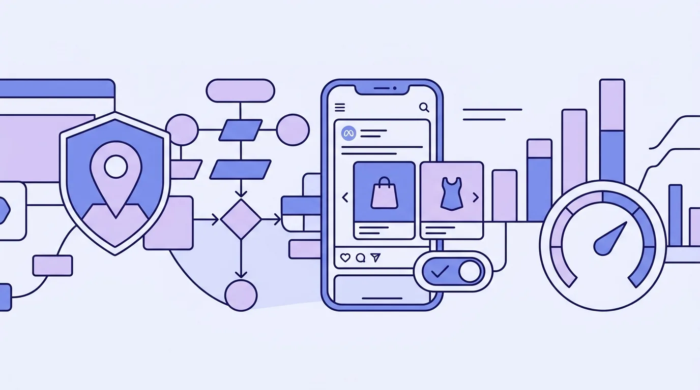 Flat line-art of a Local Services badge merging into a PMax campaign dashboard, a Meta ad toggle, and Google channel priority bars