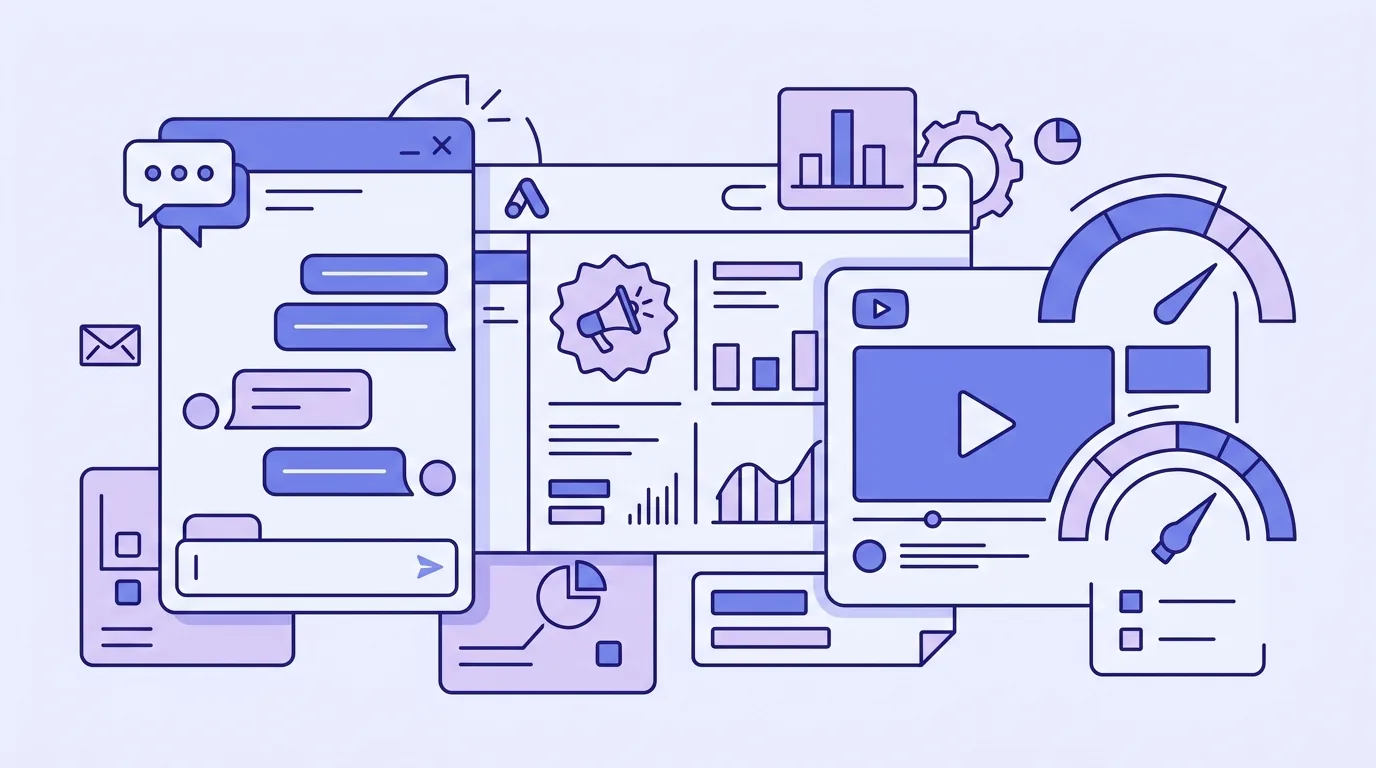 AI campaign manager window, Google Ads promotions dashboard and YouTube icon for mid-October 2026 lead generation news