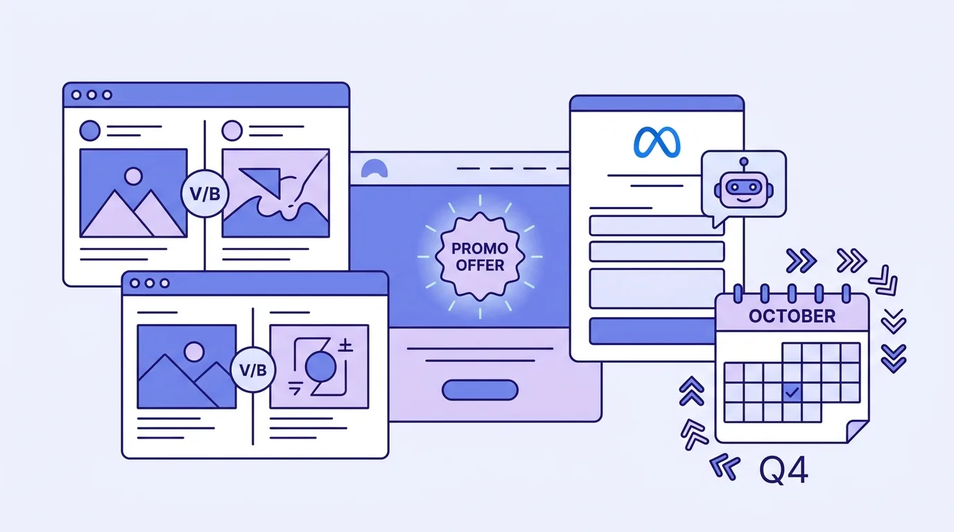 Split-test panels, a Google Ads dashboard, AI chat bubble, and Q4 calendar representing October 2026 lead generation news