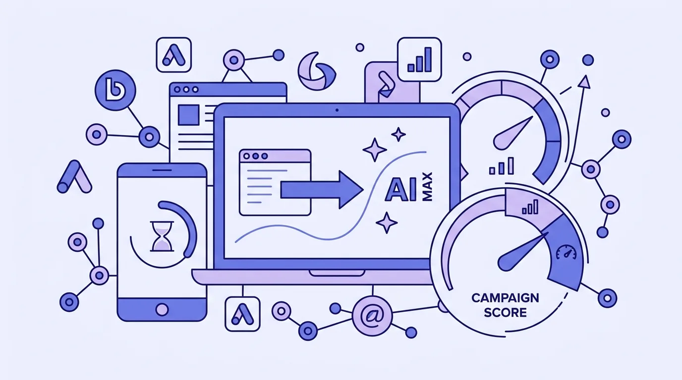 Flat line-art banner showing a campaign migration flow, missed call timer, and a Meta campaign score dial for September 2026 lead generation news