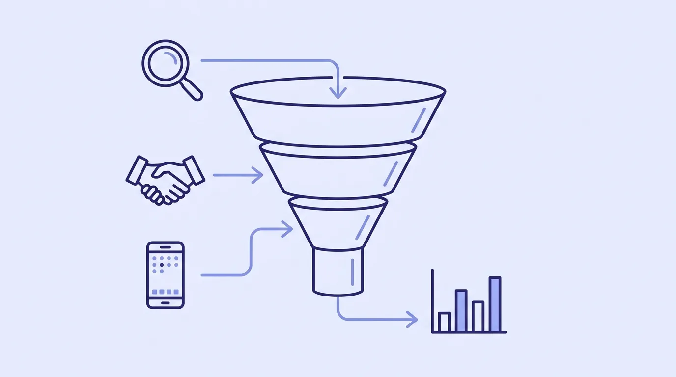 Flat line-art illustration of a lead generation service system with funnel, charts, phone and calendar icons