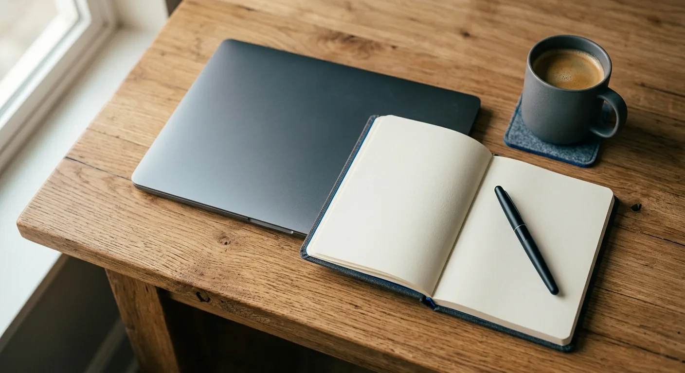 Overhead workspace flat-lay with laptop, notebook and coffee