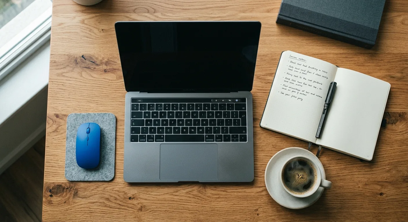 Overhead workspace flat-lay with laptop, notebook and coffee