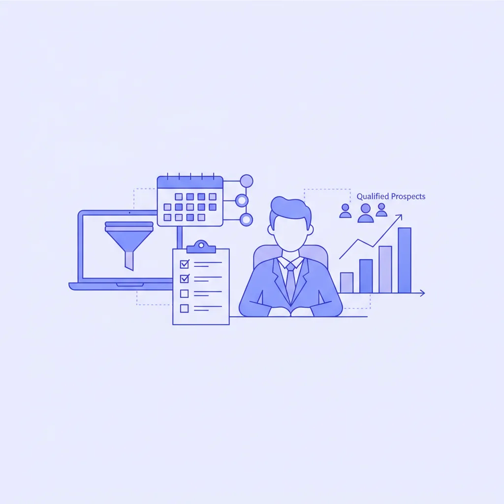 Flat line-art of a consulting lead generation funnel with discovery call booking, lead magnet and analytics icons