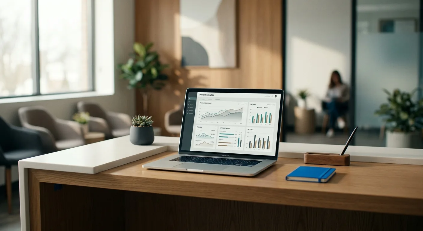 Clinic reception desk with a laptop showing patient analytics