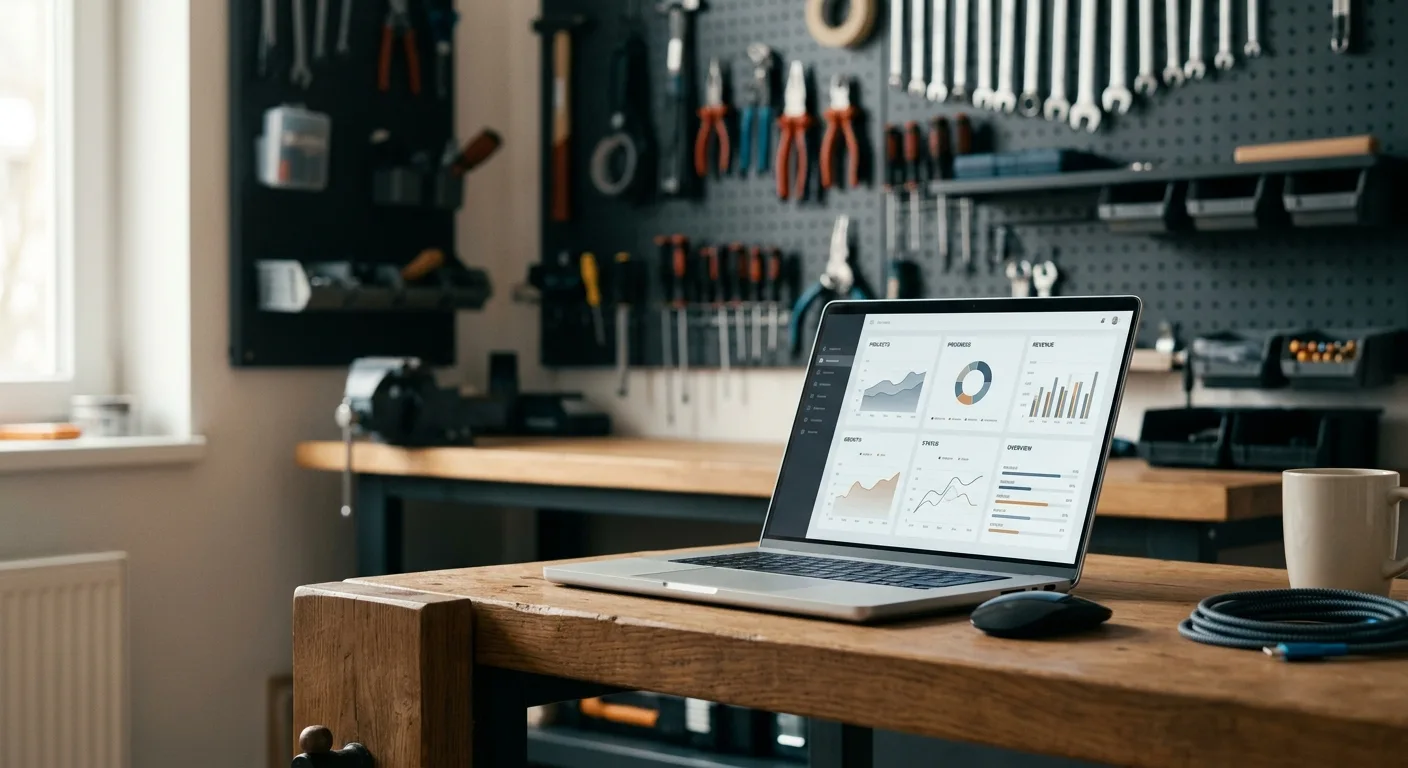 Laptop on a workshop bench showing a business dashboard