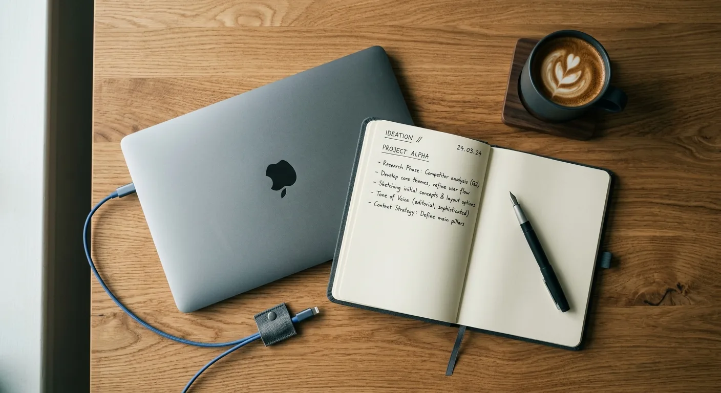 Overhead workspace flat-lay with laptop, notebook and coffee