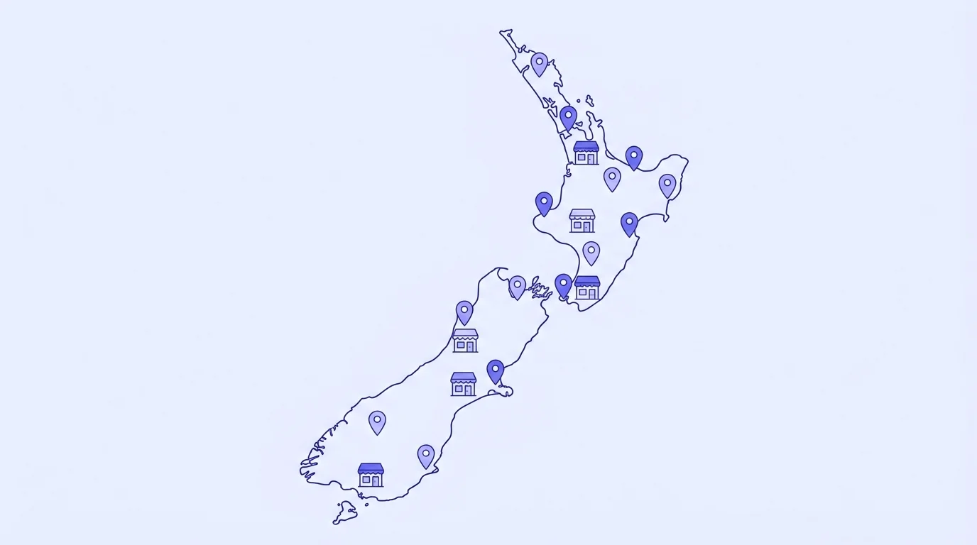 Map of New Zealand with location pins marking multiple business branches
