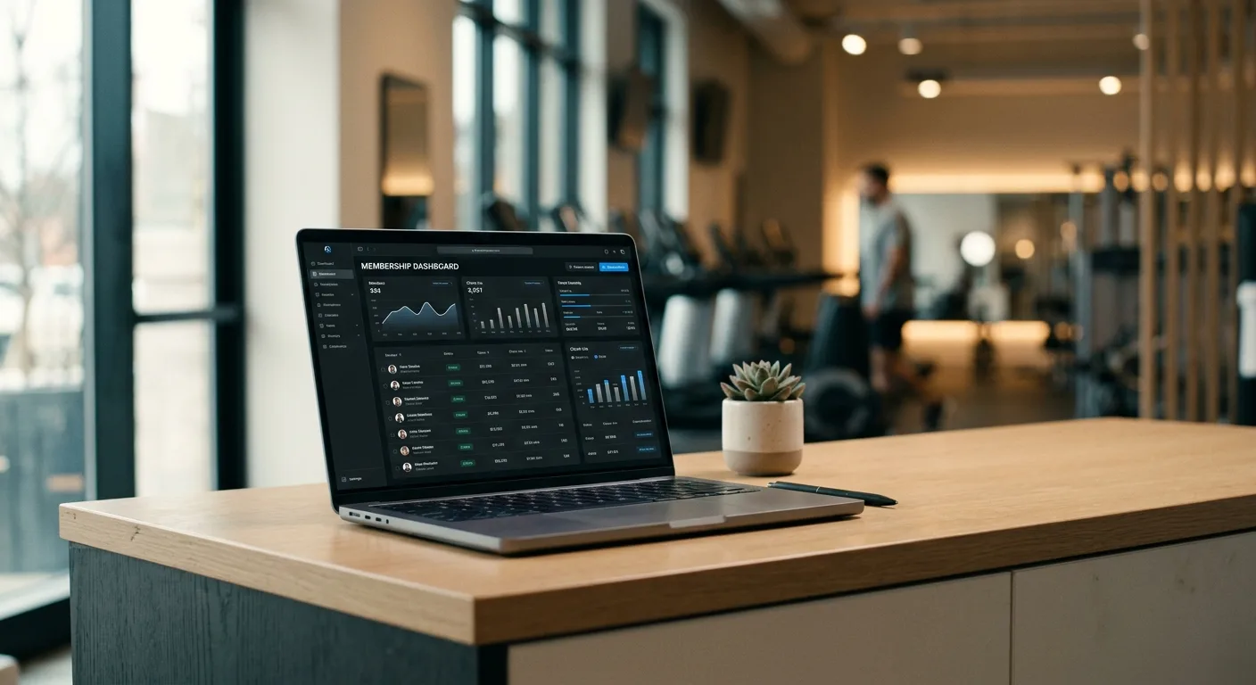 Gym reception desk with laptop showing a membership dashboard