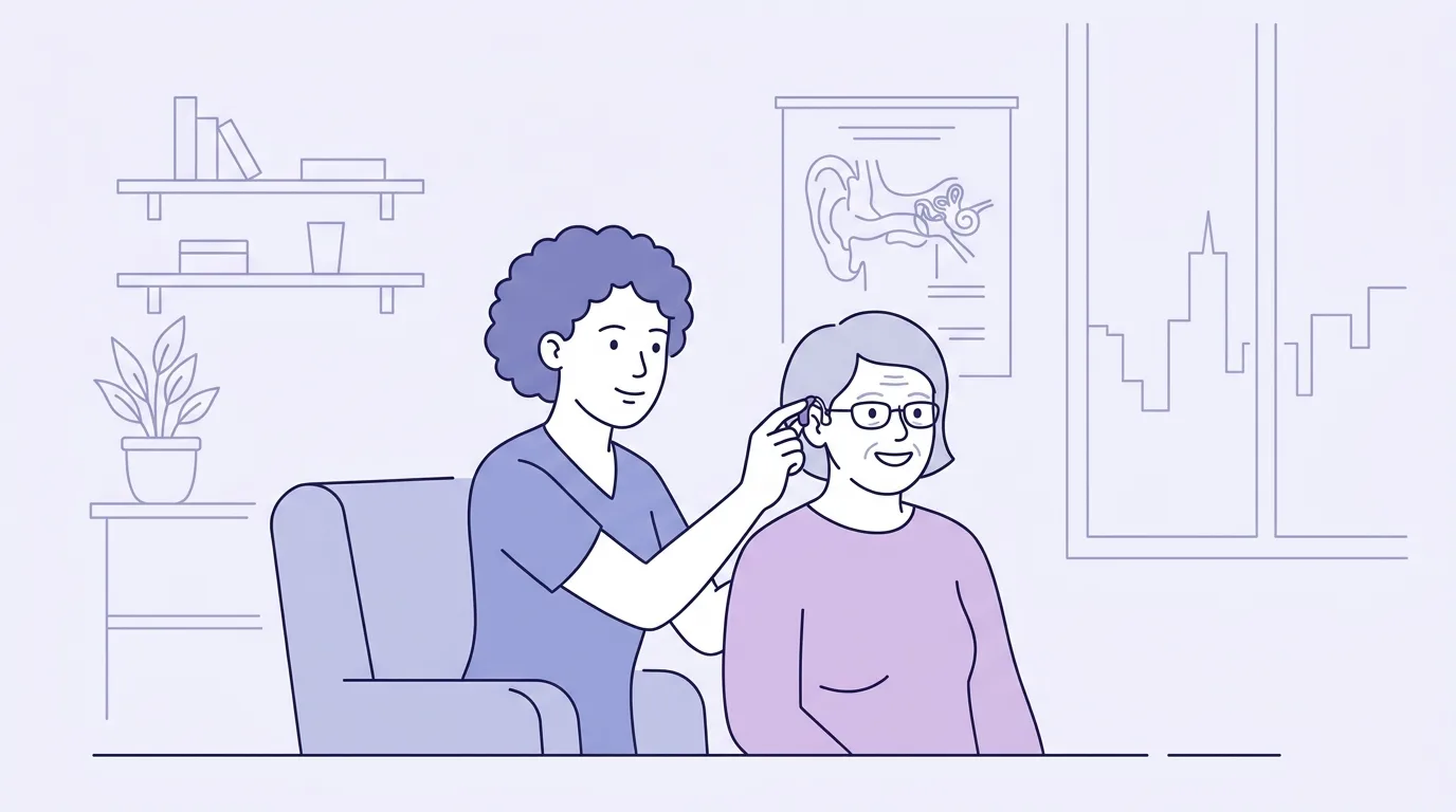Audiologist fitting a hearing aid for a patient in a New Zealand clinic