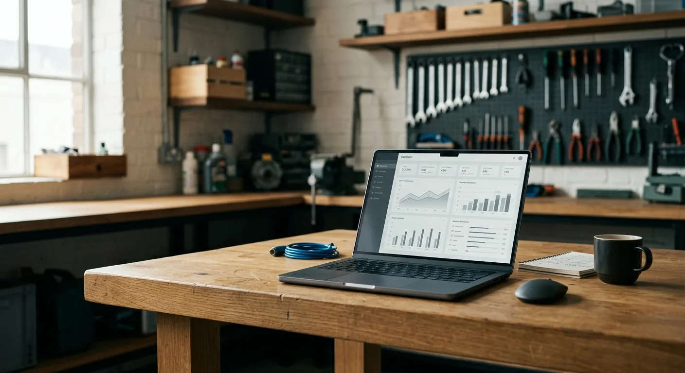 Laptop on a workshop bench showing a business dashboard