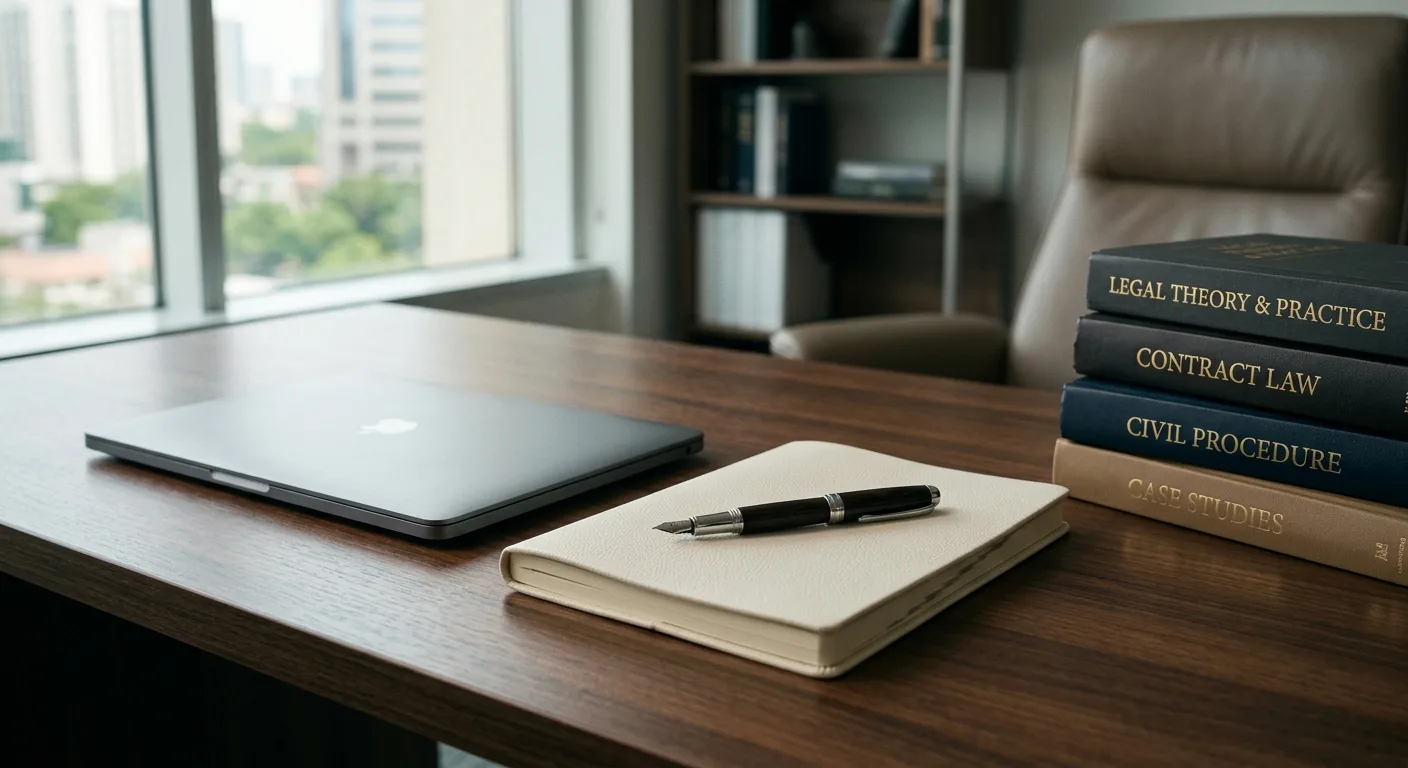 Legal office desk with laptop, fountain pen and notepad