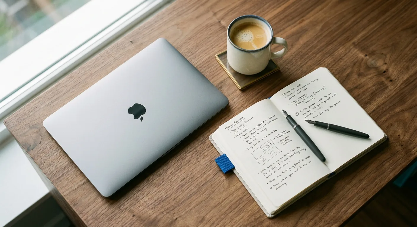 Overhead workspace flat-lay with laptop, notebook and coffee