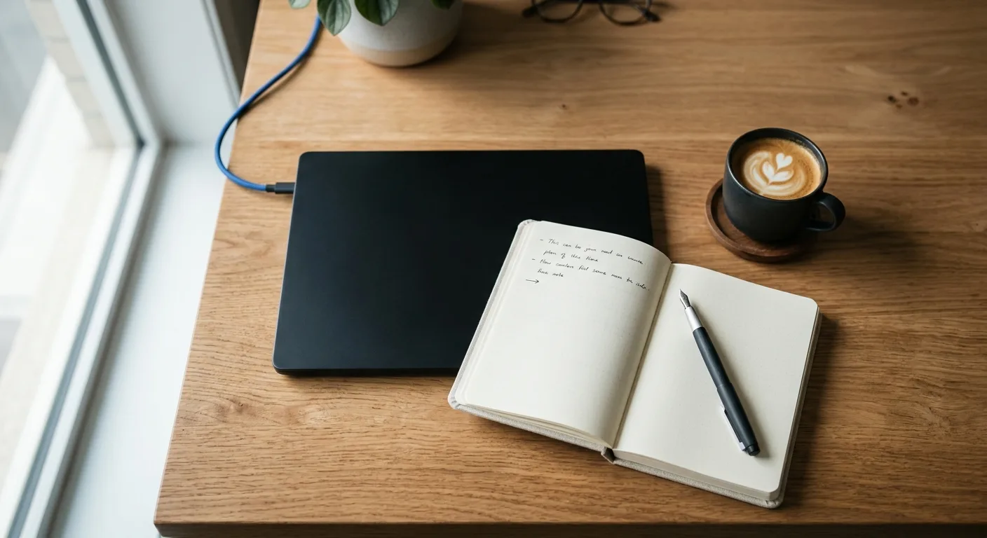 Overhead workspace flat-lay with laptop, notebook and coffee