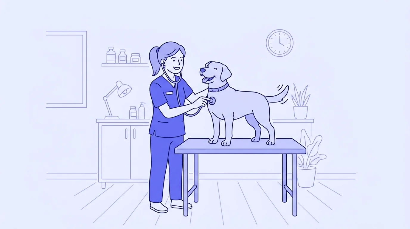 Veterinarian examining a dog at a vet clinic with a laptop showing booking dashboard