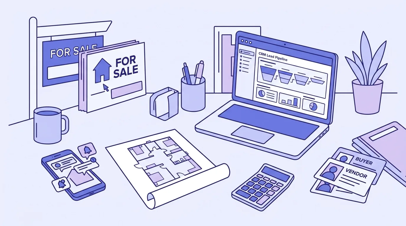 Real estate agent's desk with a lead pipeline dashboard, property floor plan, phone with enquiry notifications and a house model