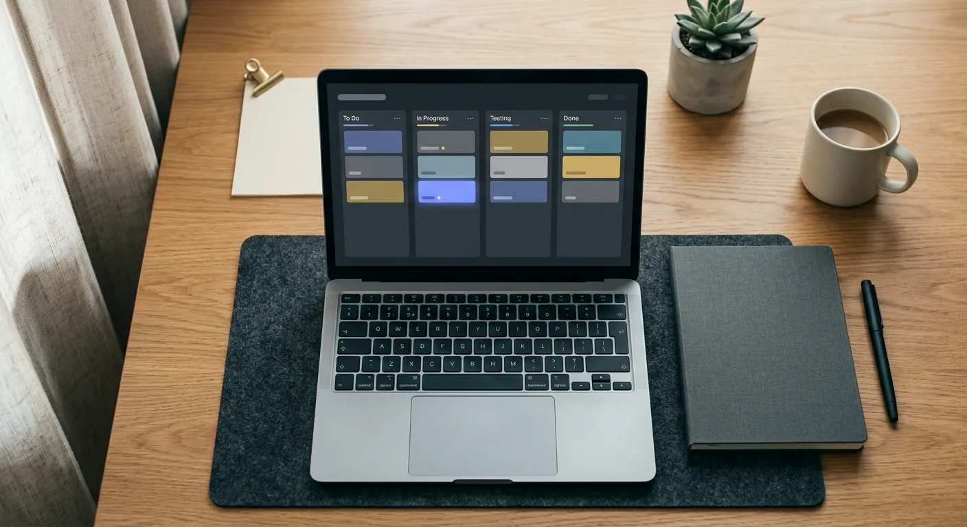 Overhead desk shot of a laptop with a workflow board on screen