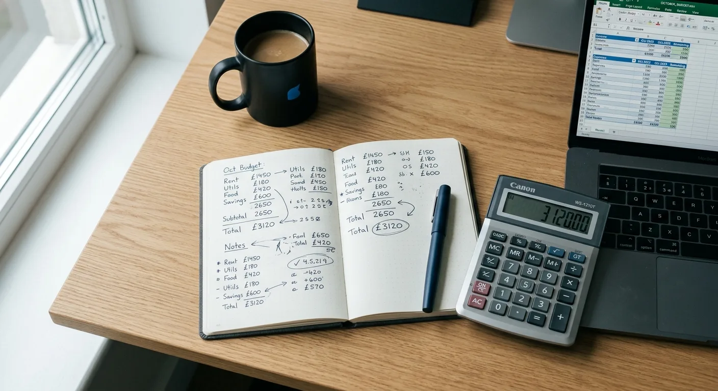 Overhead desk with calculator, notebook and laptop showing a budget