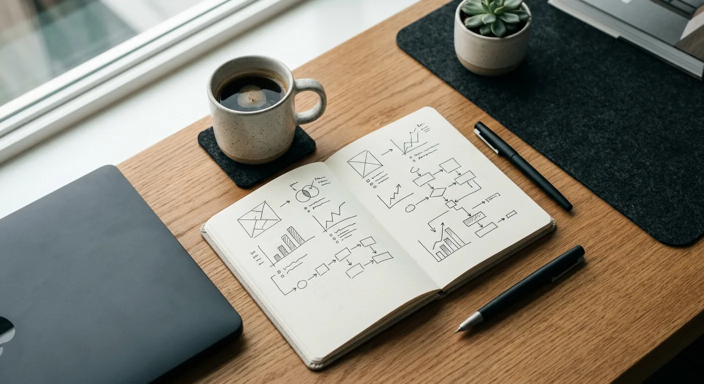 Overhead desk shot with notebook showing a marketing funnel diagram