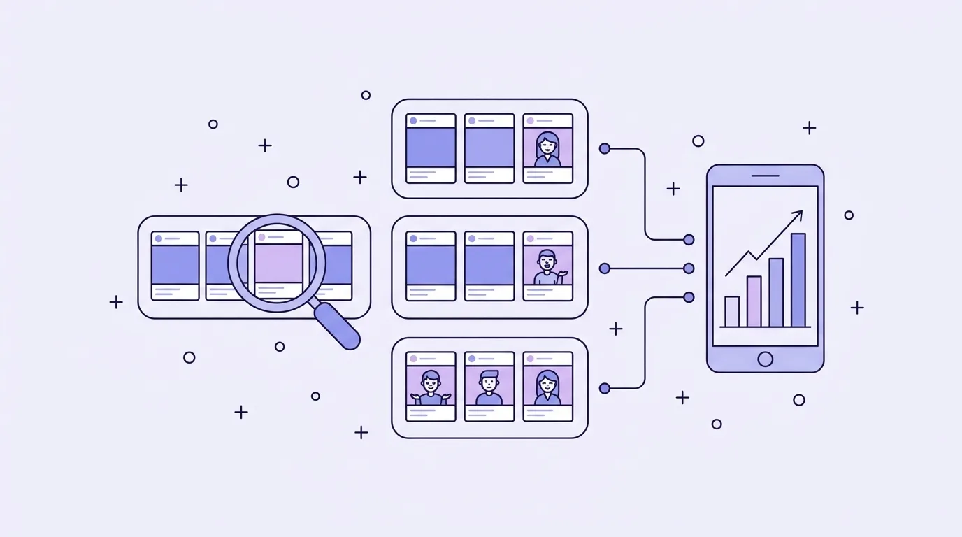Line-art of Meta ad creatives grouped into ad sets, a magnifying glass over one ad and a phone with a rising chart, showing how to scale Meta ads