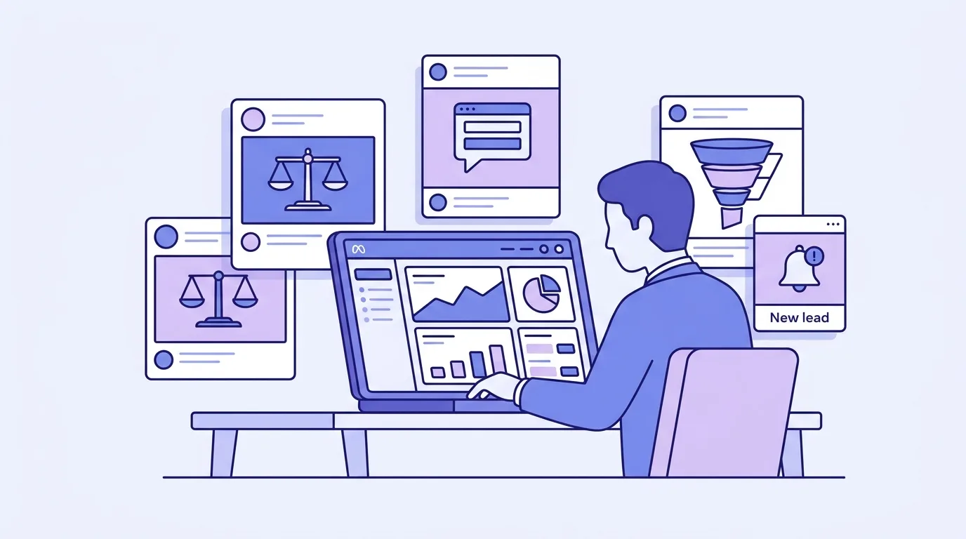 Meta Ads lead generation for professional services showing ad creative, lead forms, and enquiry funnel icons