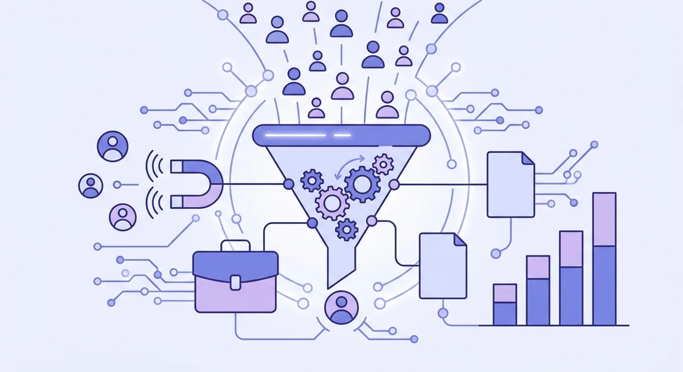 Line-art of an AI lead generation funnel for professional services firms using Meta ads