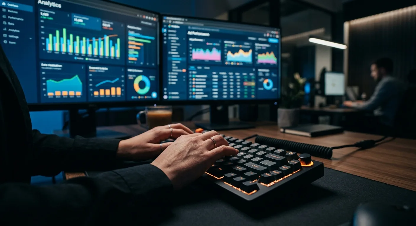 Meta Ads Manager dashboard on a laptop showing campaign performance metrics