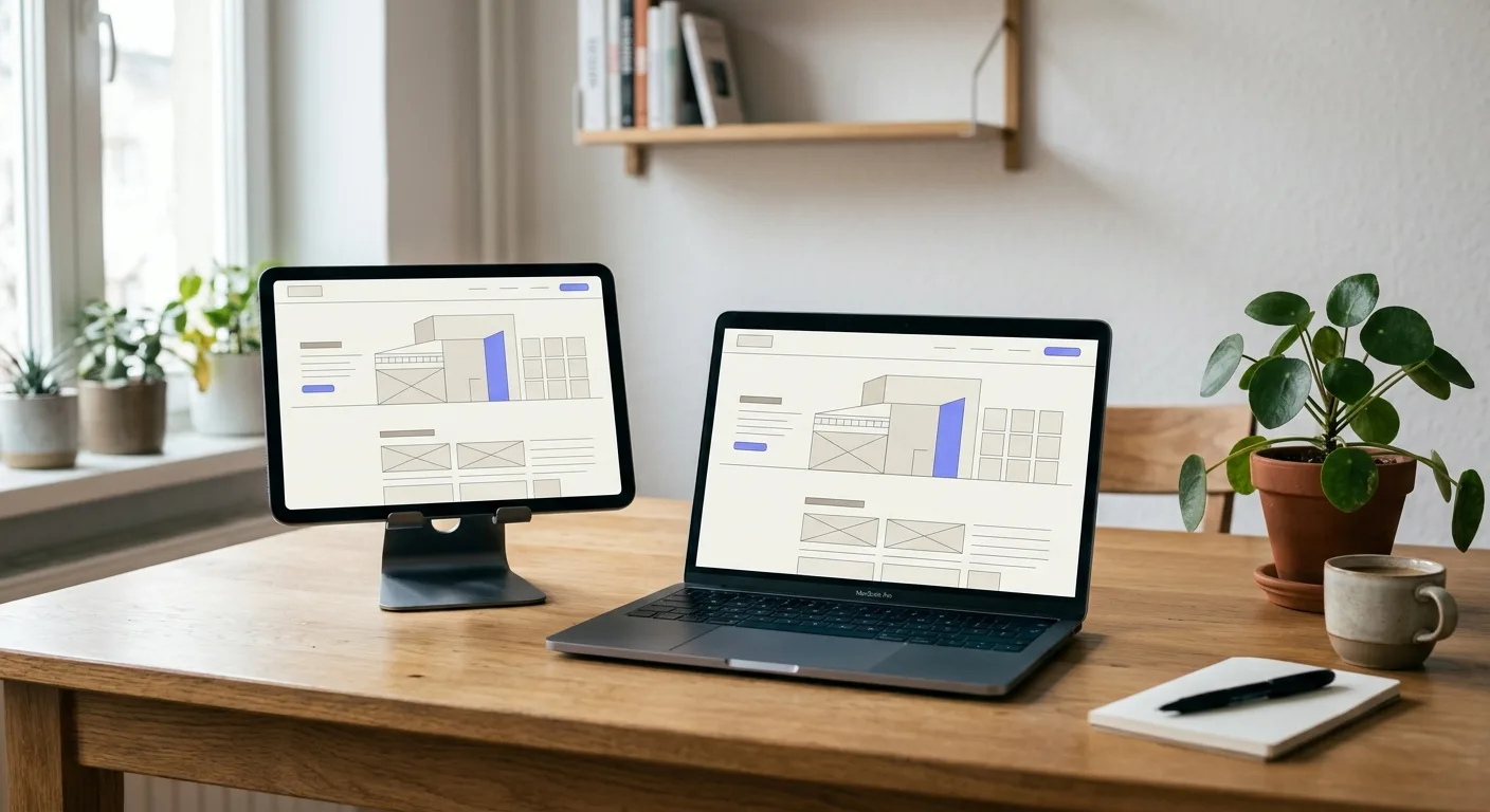 Tablet and laptop on a minimalist desk showing a website wireframe