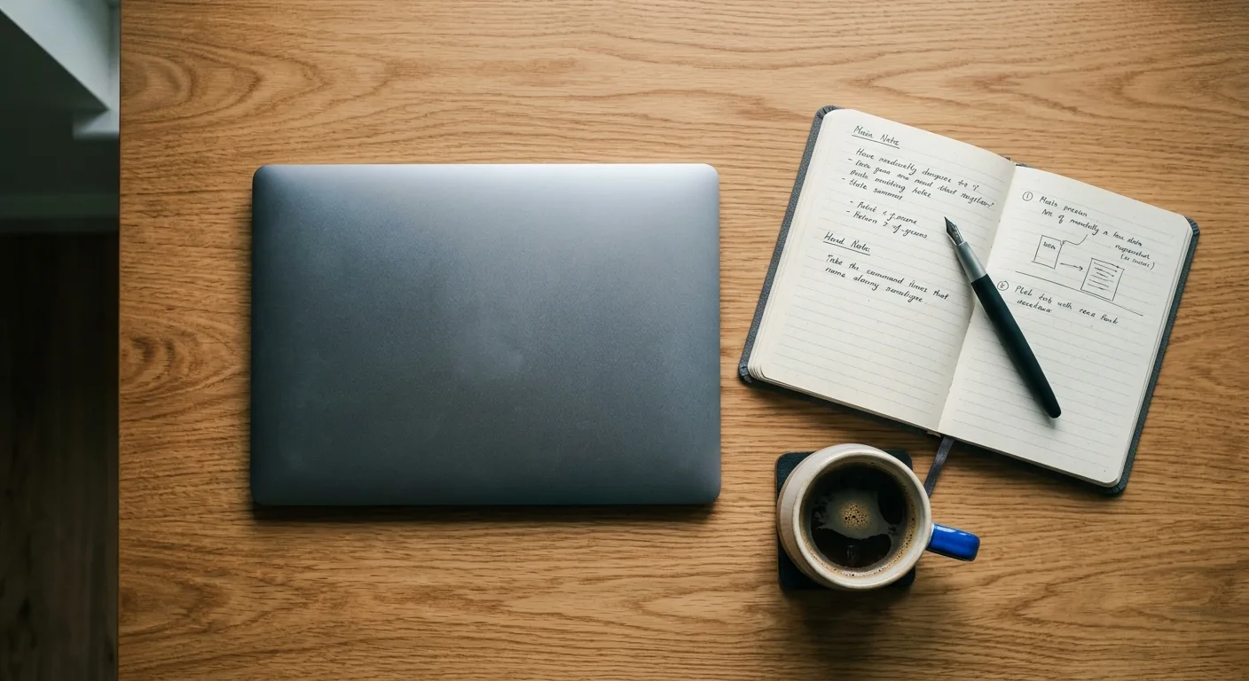 Overhead workspace flat-lay with laptop, notebook and coffee